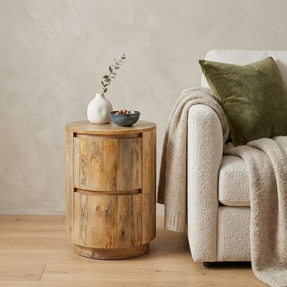 24" Natural Solid Wood Round Block End Table With Two Drawers HomeRoots
