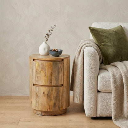 24" Natural Solid Wood Round Block End Table With Two Drawers HomeRoots
