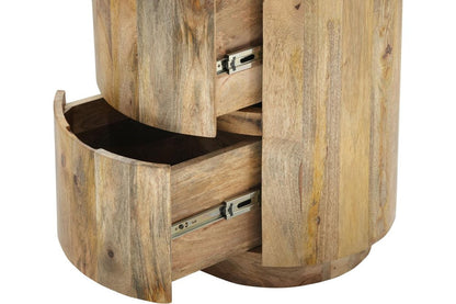 24" Natural Solid Wood Round Block End Table With Two Drawers HomeRoots
