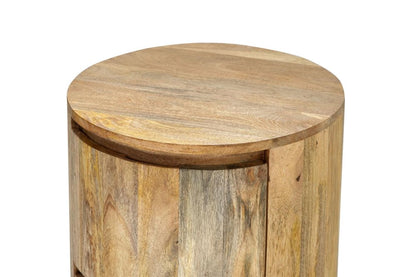 24" Natural Distressed Solid Wood Round Drum End Table With Two Drawers