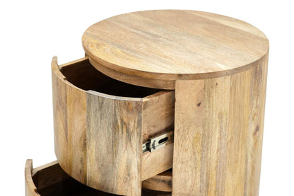 24" Natural Distressed Solid Wood Round Drum End Table With Two Drawers