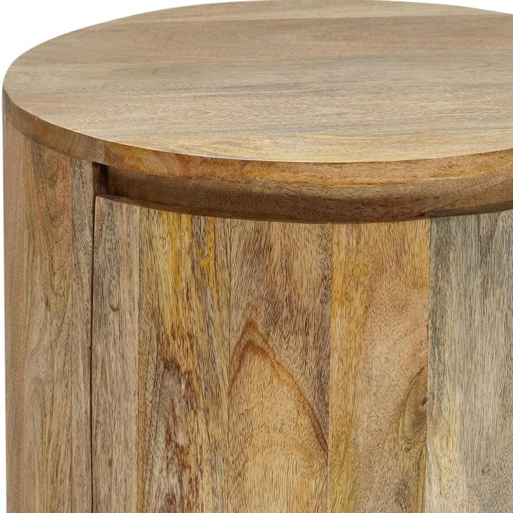 24" Natural Solid Wood Round Block End Table With Two Drawers — view 5