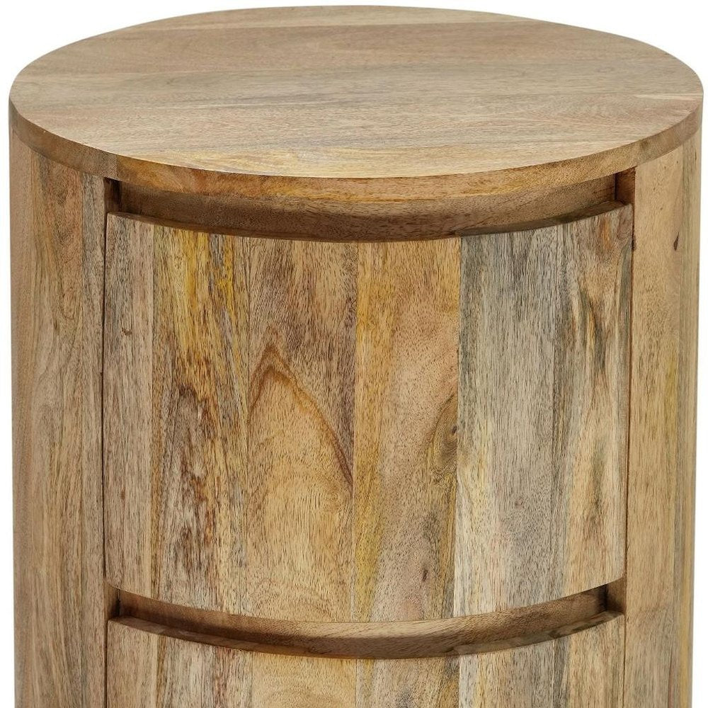 24" Natural Distressed Solid Wood Round Drum End Table With Two Drawers