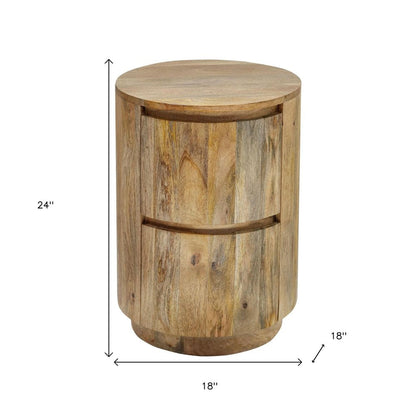 24" Natural Distressed Solid Wood Round Drum End Table With Two Drawers