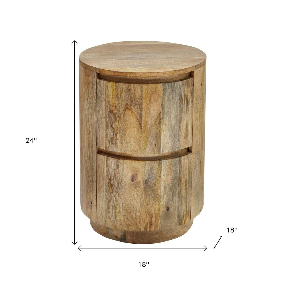 24" Natural Solid Wood Round Block End Table With Two Drawers HomeRoots