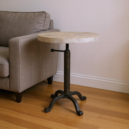 22" Natural and Black Solid Wood and Metal Height Adjustable Round Pedestal End Table HomeRoots