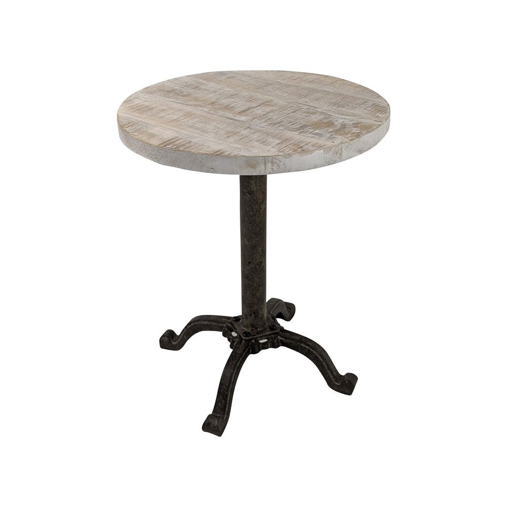 22" Natural And Black Solid Wood And Iron Height Adjustable Round Pedestal End Table