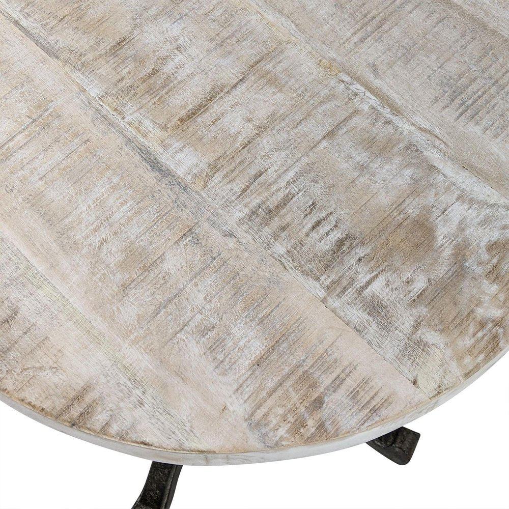 22" Natural And Black Solid Wood And Iron Height Adjustable Round Pedestal End Table
