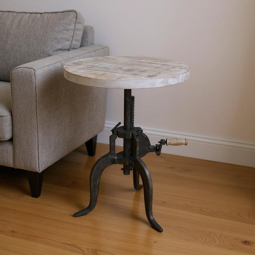 19" Natural and Gunmetal Solid Wood and Iron Height Adjustable Round End Table HomeRoots