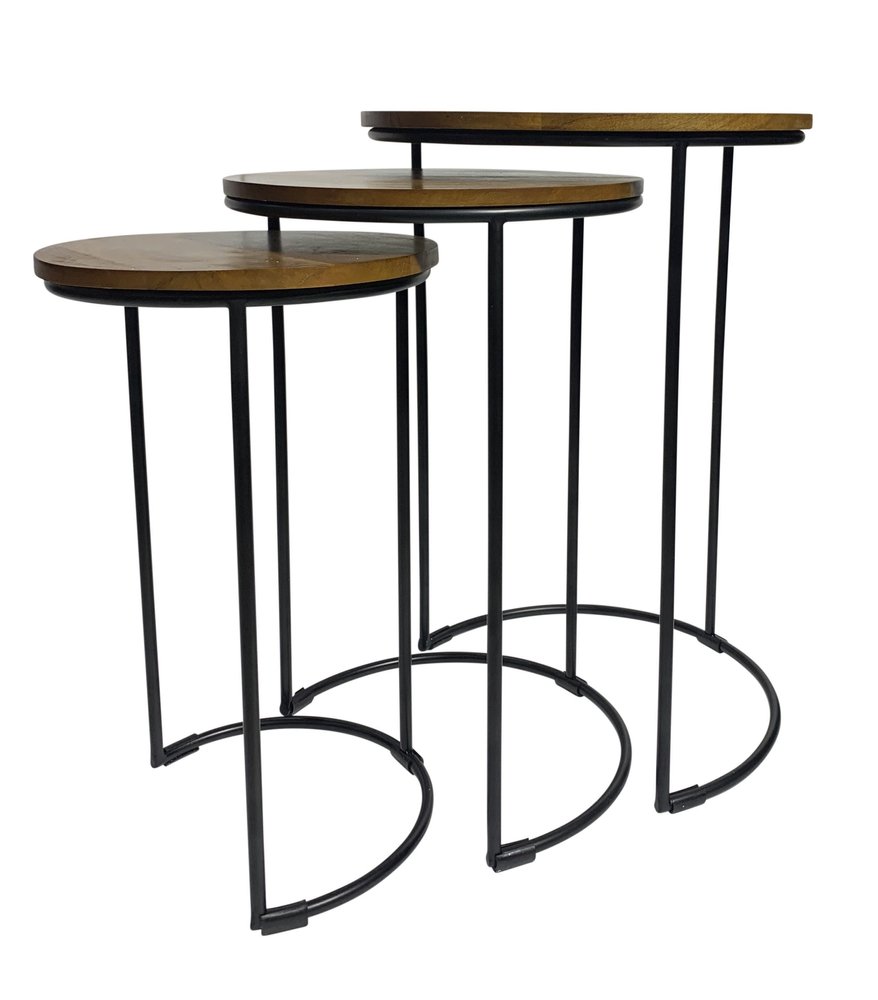 Set of Two Chestnut and Black Solid Wood and Metal Round Frame Nested Tables HomeRoots
