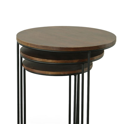 Set of Two Chestnut and Black Solid Wood and Metal Round Frame Nested Tables HomeRoots