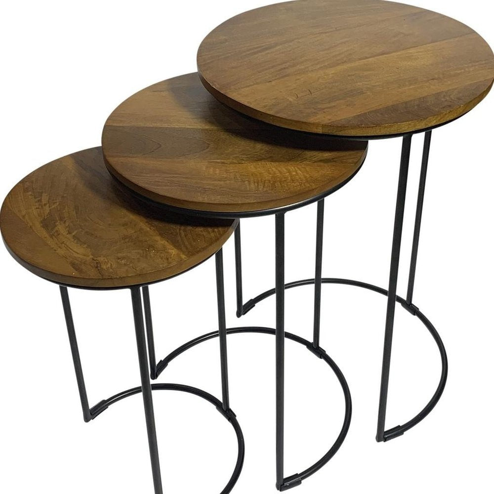 Set of Two Chestnut and Black Solid Wood and Metal Round Frame Nested Tables HomeRoots