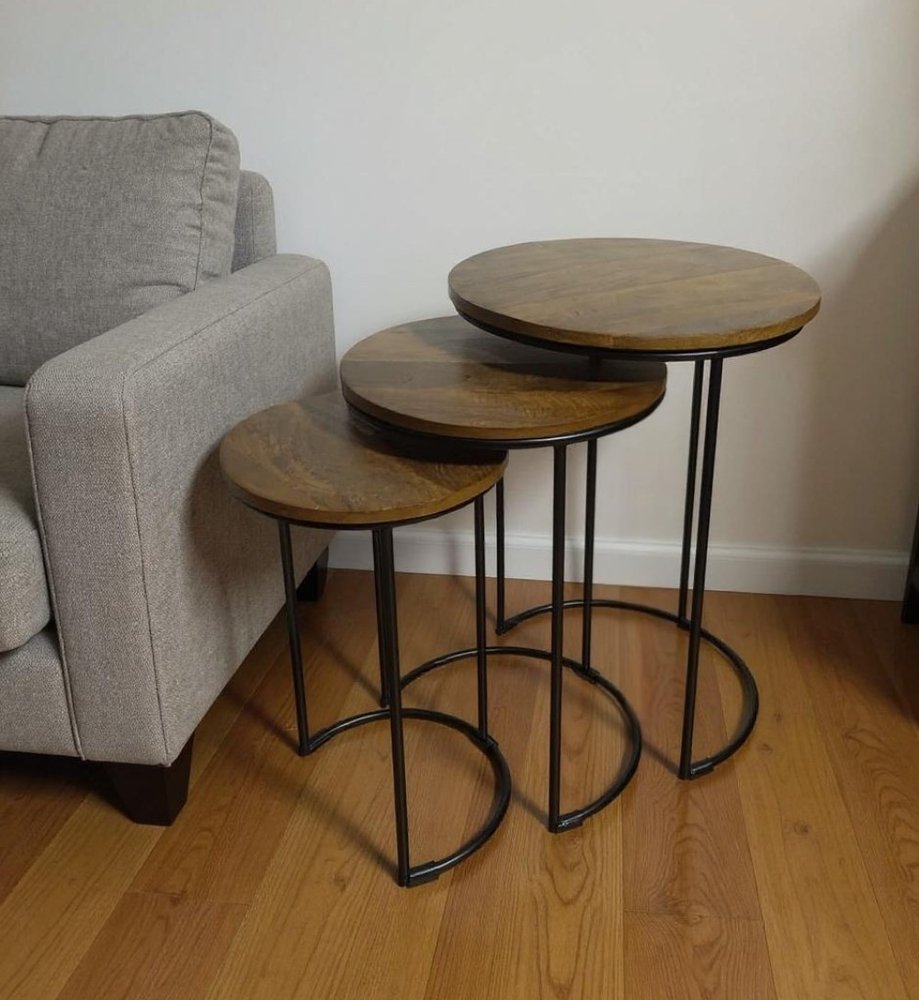 Set of Two Chestnut and Black Solid Wood and Metal Round Frame Nested Tables HomeRoots