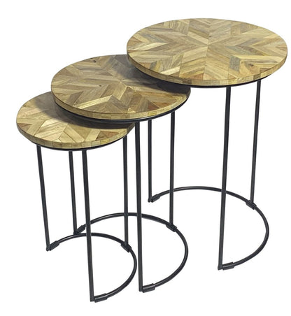 Set of Three Natural Natural and Black Solid Wood and Iron Round Frame Nested Tables HomeRoots