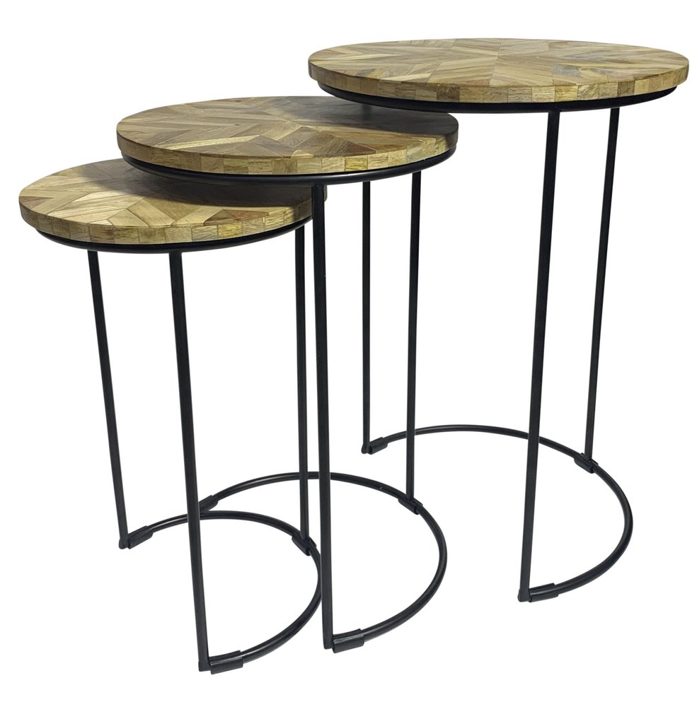 Set of Three Natural Natural and Black Solid Wood and Iron Round Frame Nested Tables HomeRoots