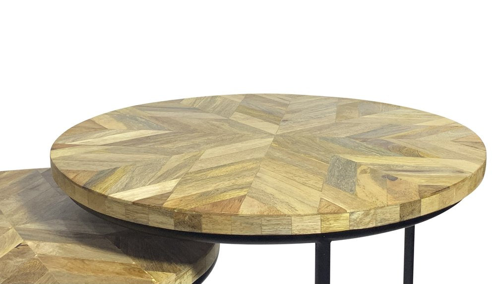 Set of Three Natural Natural and Black Solid Wood and Iron Round Frame Nested Tables HomeRoots