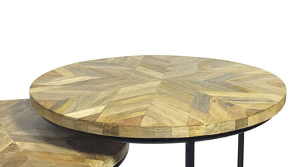 Set of Three Natural Natural and Black Solid Wood and Iron Round Frame Nested Tables HomeRoots