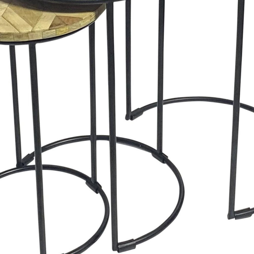 Set of Three Natural Natural and Black Solid Wood and Iron Round Frame Nested Tables HomeRoots