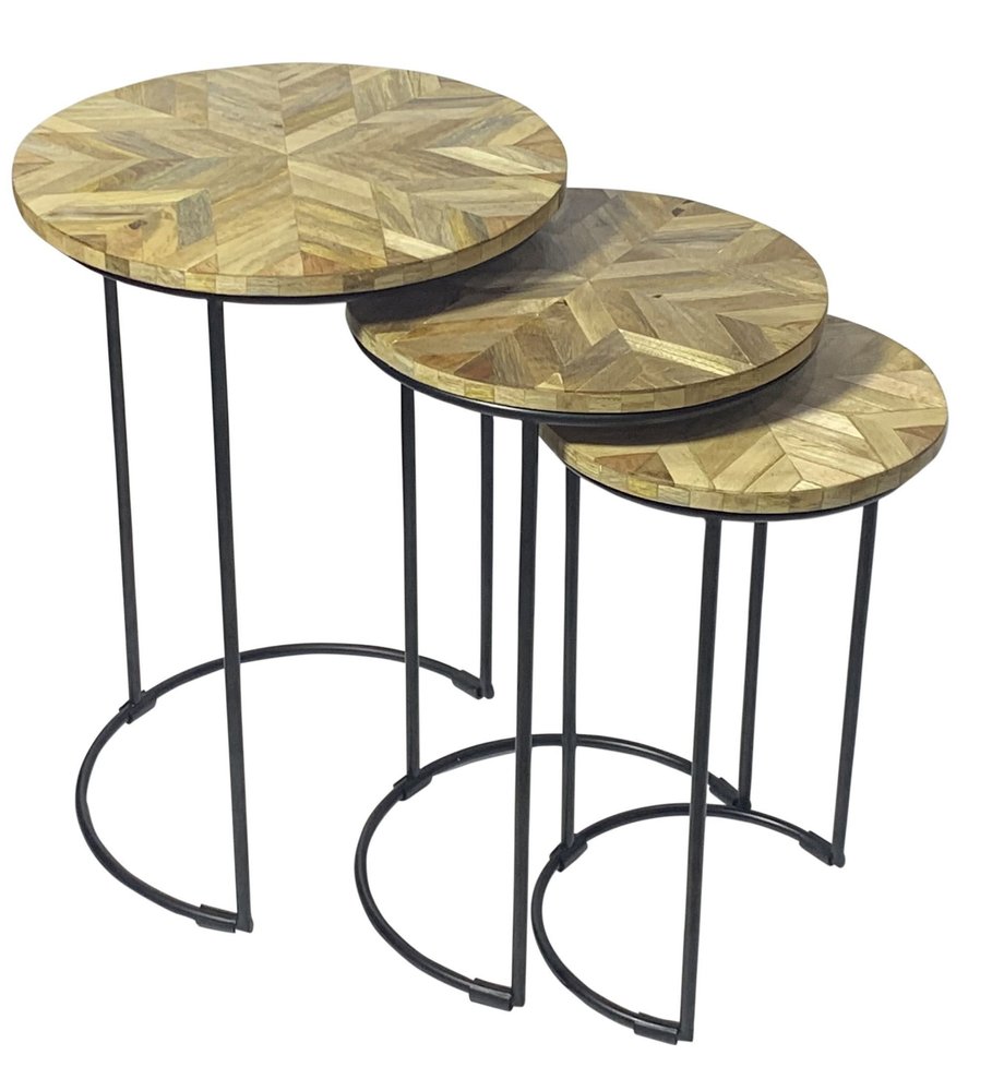 Set of Three Natural Natural and Black Solid Wood and Iron Round Frame Nested Tables HomeRoots