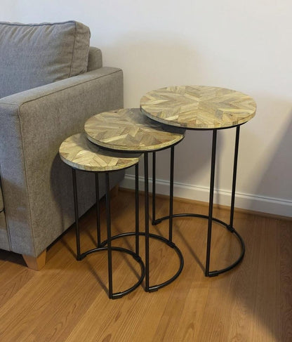 Set of Three Natural Natural and Black Solid Wood and Iron Round Frame Nested Tables HomeRoots