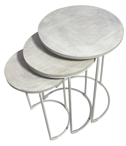 Set of Two White Solid Wood and Metal Round Frame Nested Tables HomeRoots