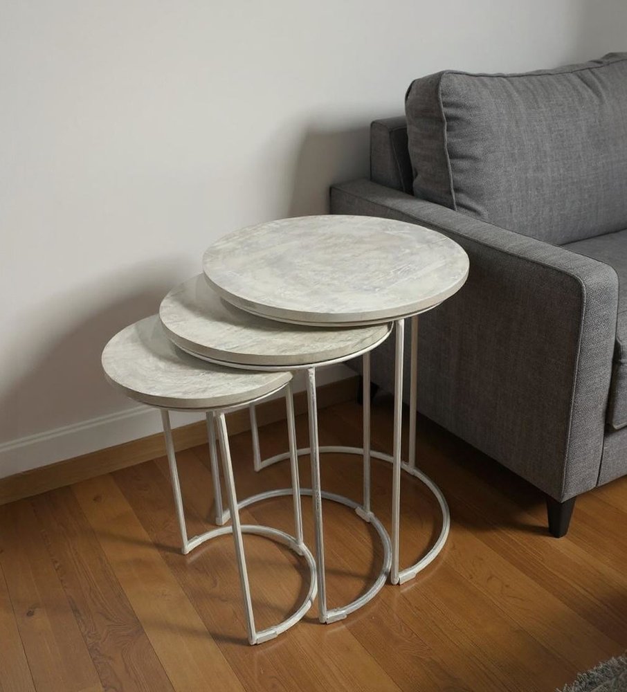 Set of Two White Solid Wood and Metal Round Frame Nested Tables HomeRoots