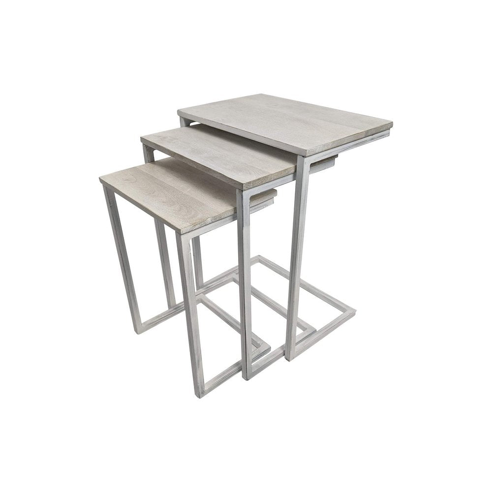 Set of Three Antiqued White Solid Wood and Steel Frame Nested Tables HomeRoots