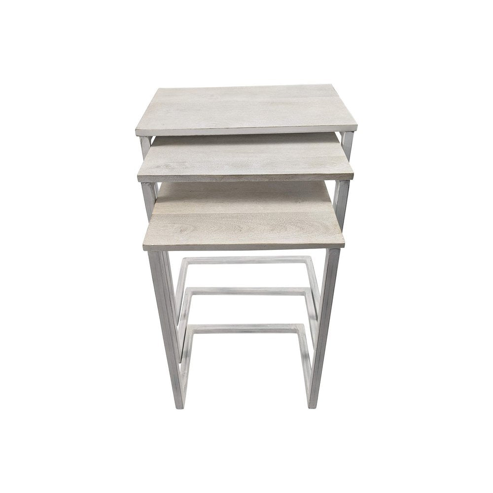 Set of Three Antiqued White Solid Wood and Steel Frame Nested Tables HomeRoots