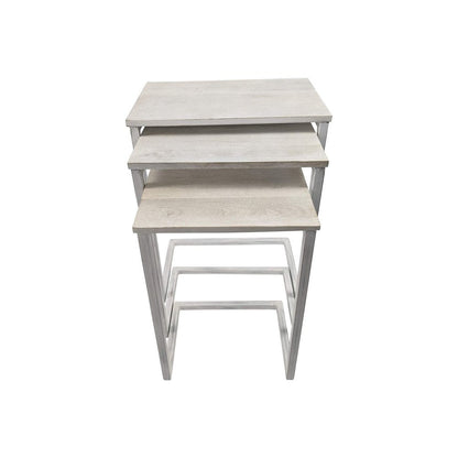 Set of Three Antiqued White Solid Wood and Steel Frame Nested Tables HomeRoots