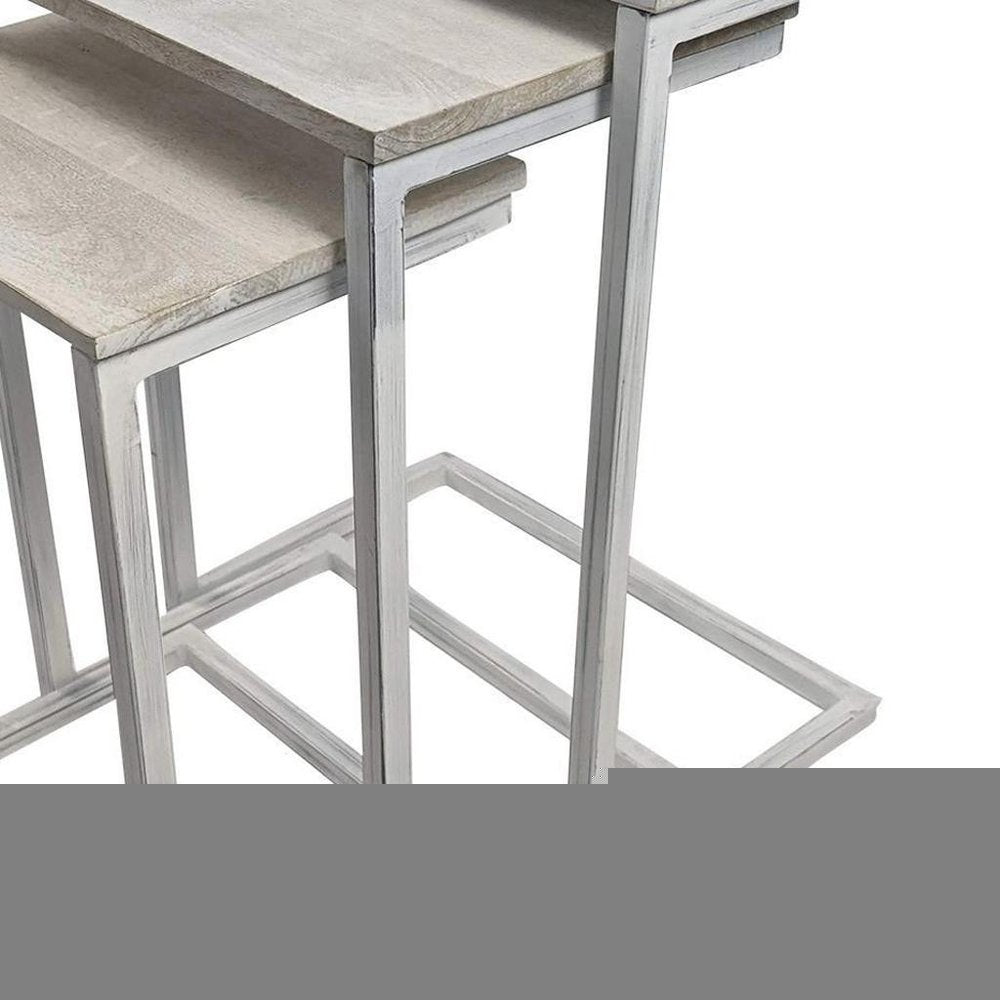 Set of Three Antiqued White Solid Wood and Steel Frame Nested Tables HomeRoots