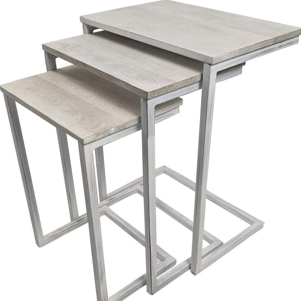 Set of Three Antiqued White Solid Wood and Steel Frame Nested Tables HomeRoots