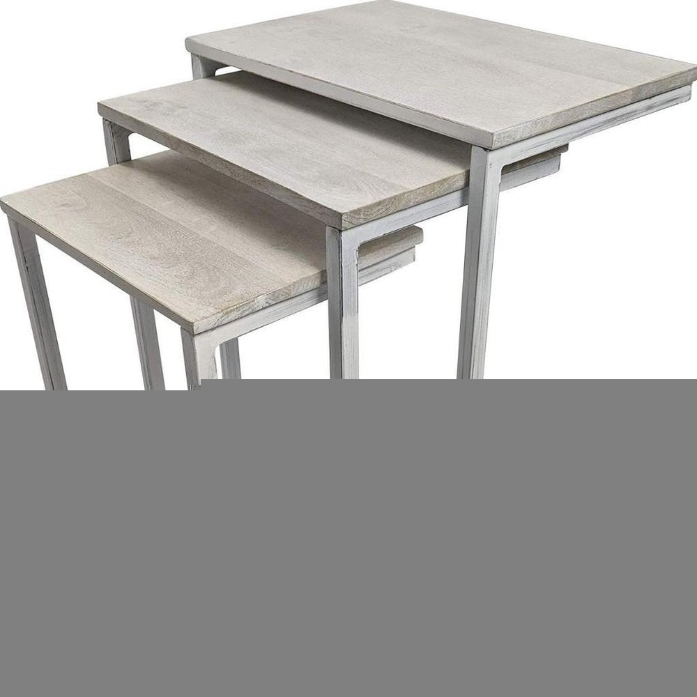 Set of Three Antiqued White Solid Wood and Steel Frame Nested Tables HomeRoots