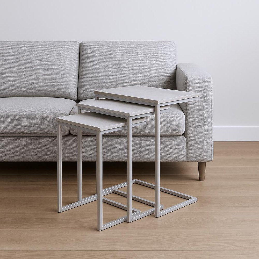 Set of Three Antiqued White Solid Wood and Steel Frame Nested Tables HomeRoots