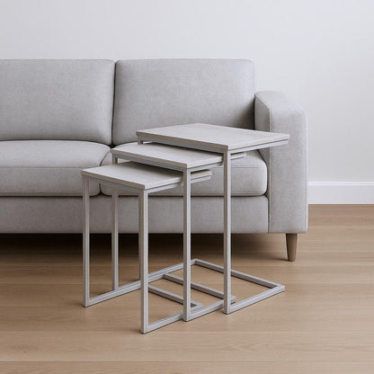 Set of Three Antiqued White Solid Wood and Steel Frame Nested Tables HomeRoots