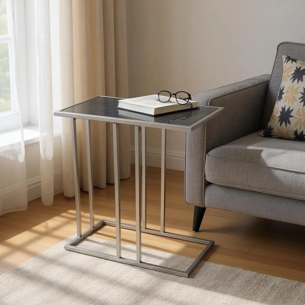 26" Black and Gunmetal Marble and Iron Frame End Table HomeRoots