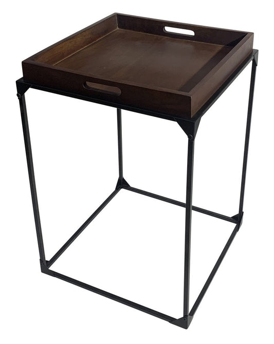 29" Dark Brown and Black Solid Wood and Iron Square Frame End Table HomeRoots