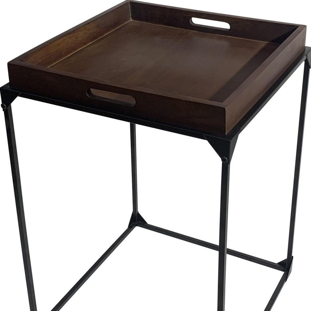 29" Dark Brown and Black Solid Wood and Iron Square Frame End Table HomeRoots