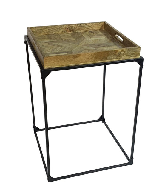 29" Natural and Black Solid Wood and Iron Square Frame End Table HomeRoots