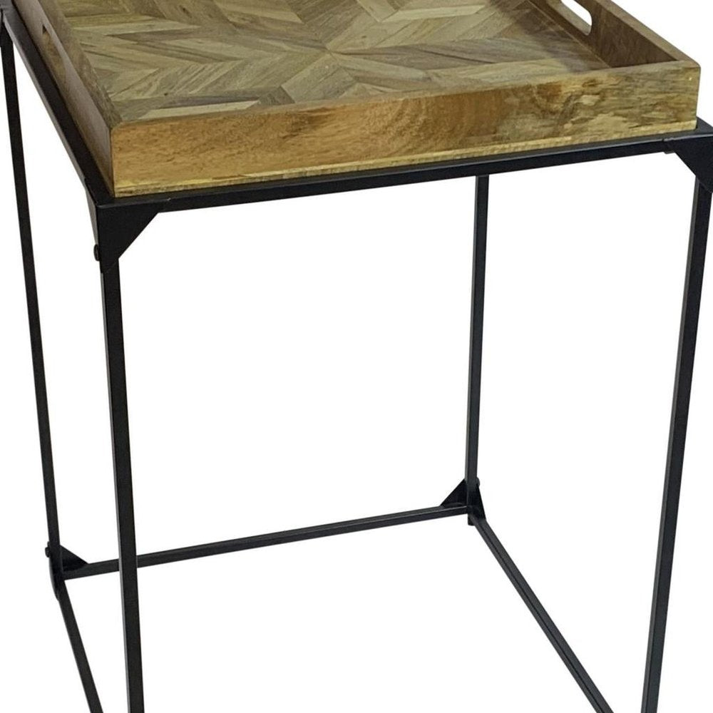 29" Natural and Black Solid Wood and Iron Square Frame End Table HomeRoots