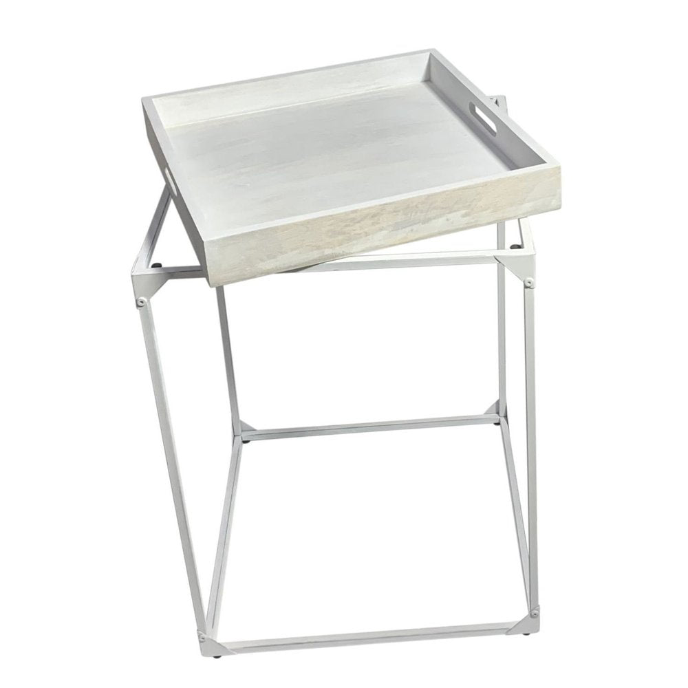 29" White Solid Wood and Iron Square Tray Style End Table HomeRoots