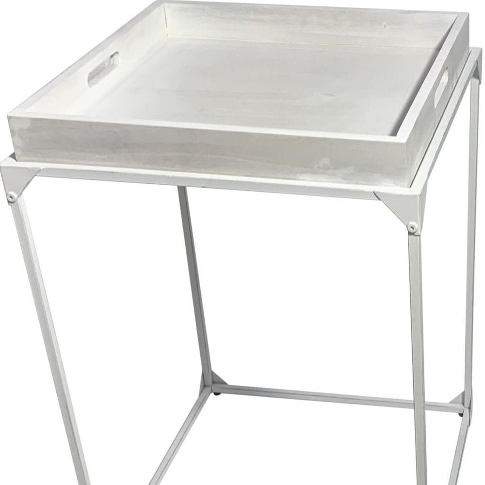 29" White Solid Wood and Iron Square Tray Style End Table HomeRoots