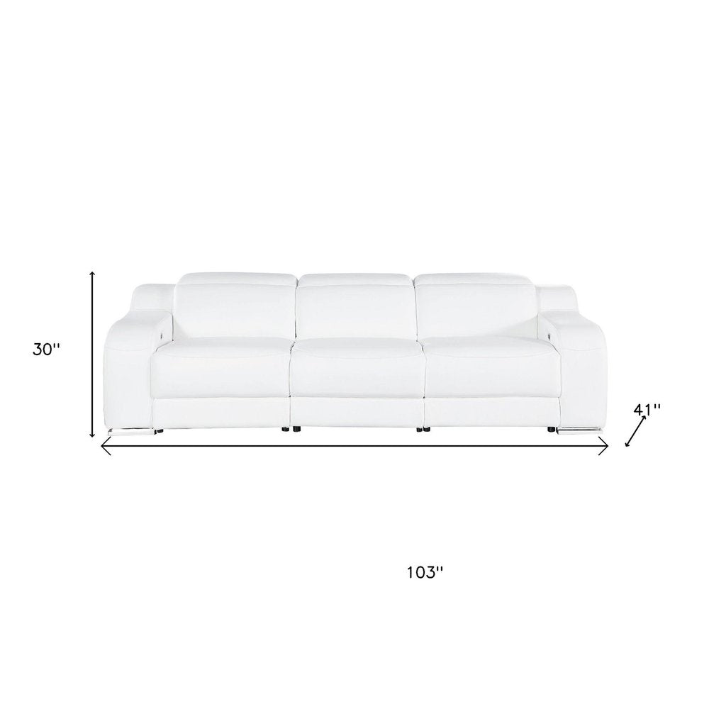 103" White Italian Leather Reclining USB Sofa HomeRoots