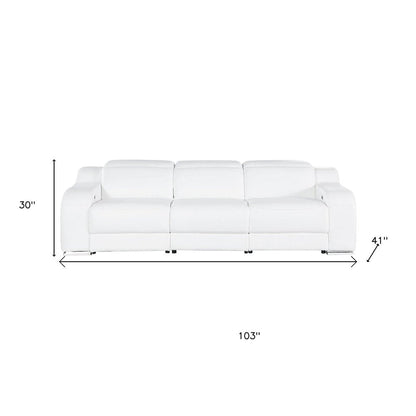 103" White Italian Leather Reclining USB Sofa HomeRoots