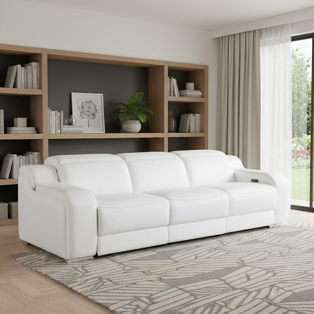 103" White Italian Leather Reclining USB Sofa HomeRoots