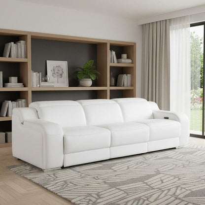 103" White Italian Leather Reclining USB Sofa HomeRoots