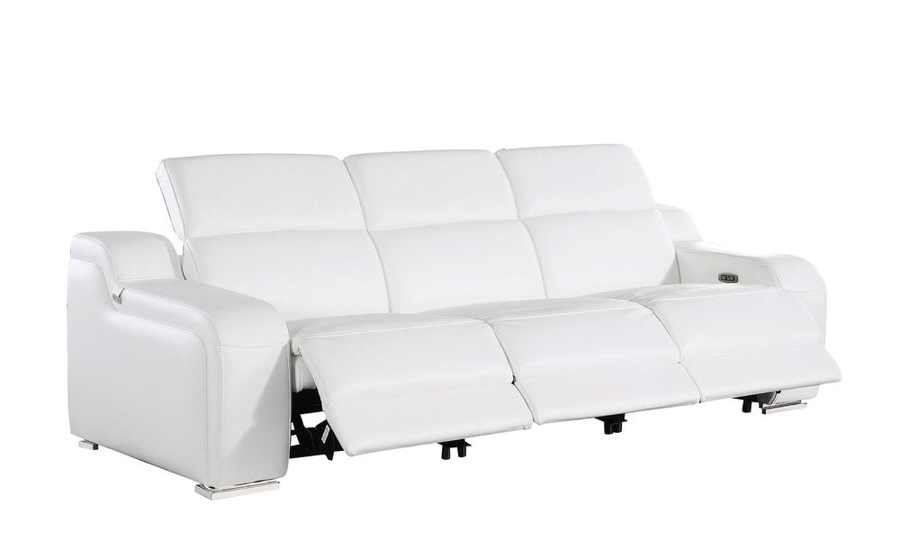 103" White Italian Leather Reclining USB Sofa HomeRoots