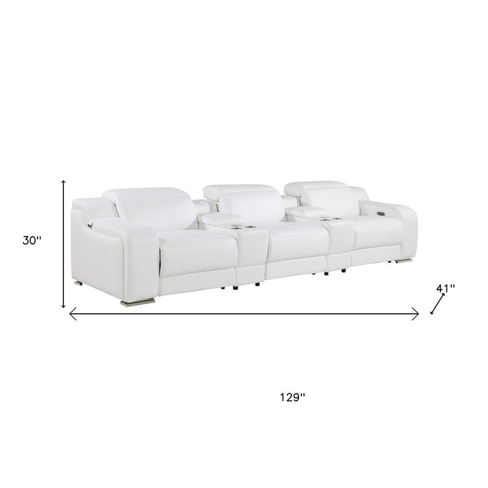 129" White Italian Leather Reclining USB Sofa HomeRoots