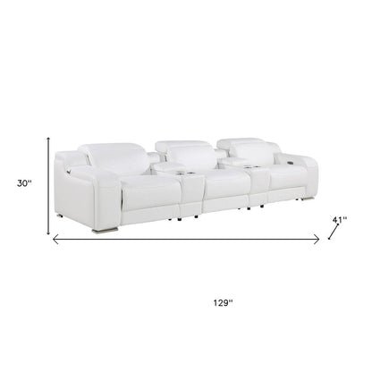 129" White Italian Leather Reclining USB Sofa HomeRoots