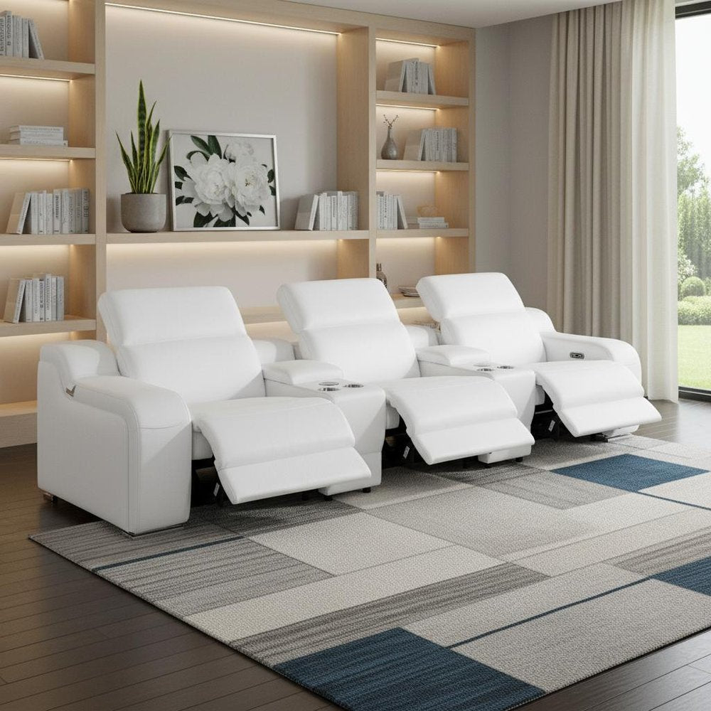129" White Italian Leather Reclining USB Sofa HomeRoots