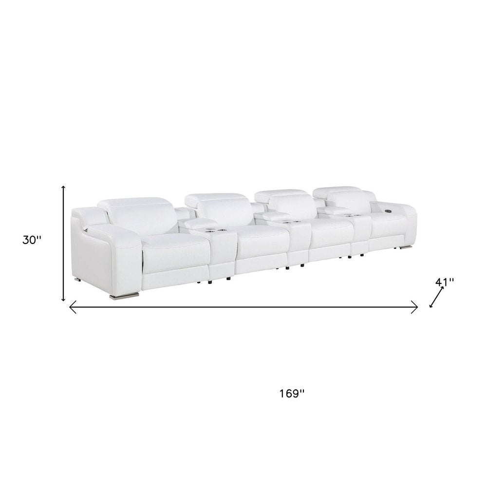 169" Light Gray Italian Leather Reclining USB Sofa HomeRoots